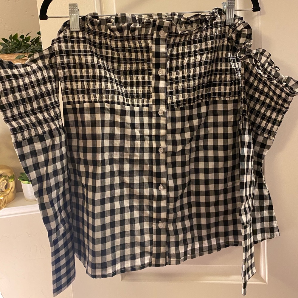 Off the shoulder plaid shirt